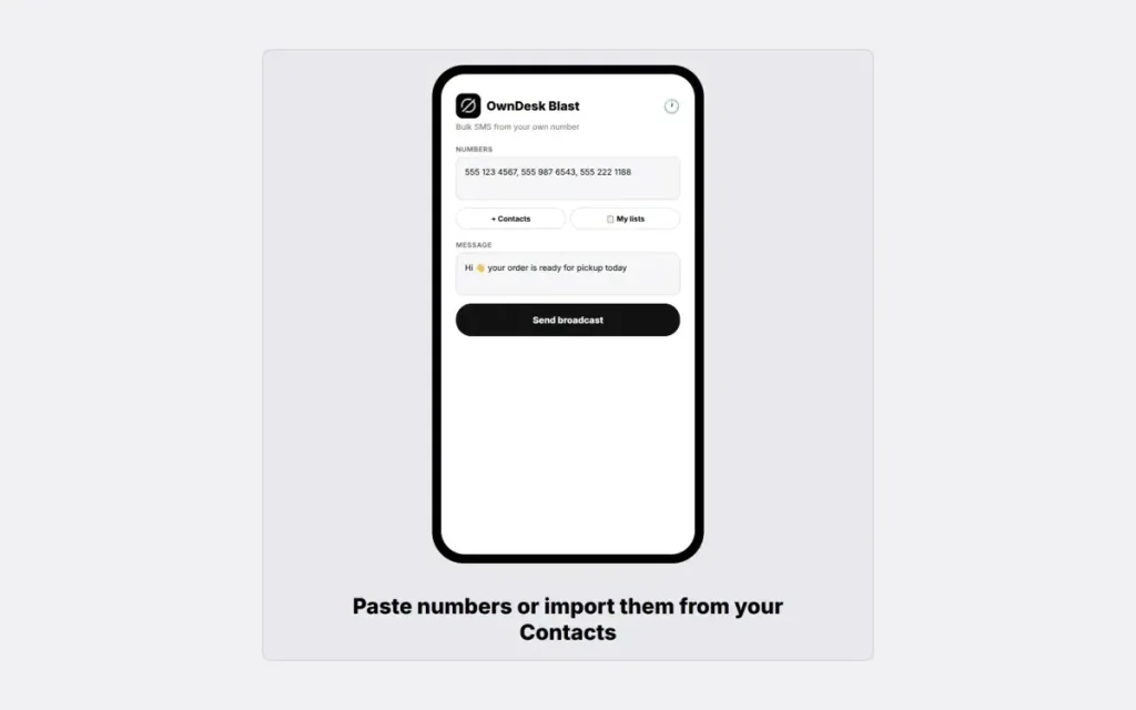 OwnDesk Blast sending a batch of text messages from an Android phone