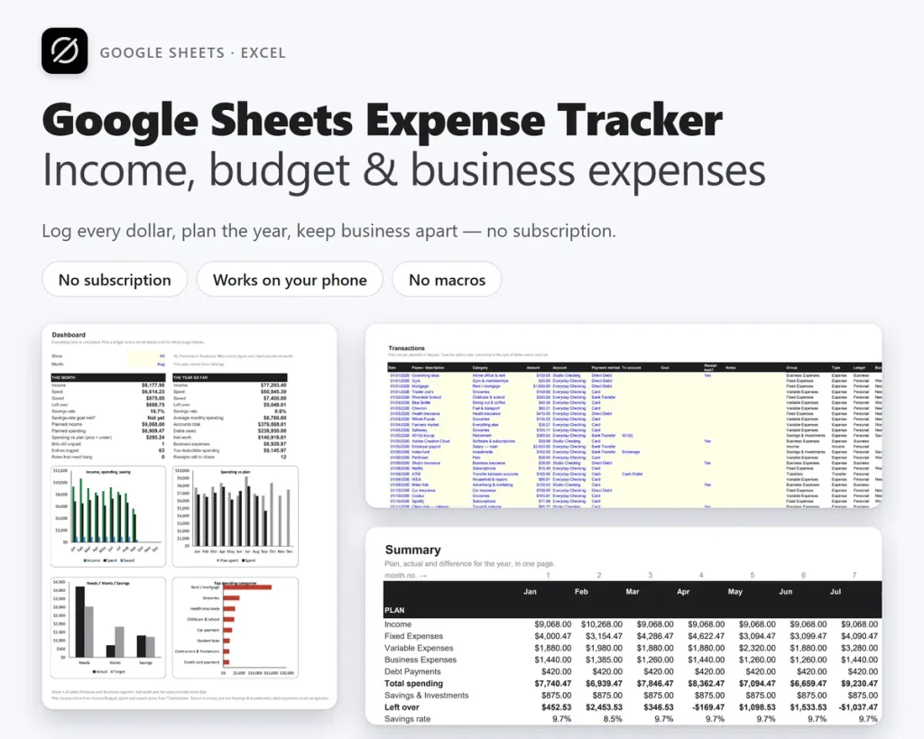 OwnDesk Budget Sheets &mdash; Google Sheets expense tracker template with a dashboard, business expenses and yearly budget