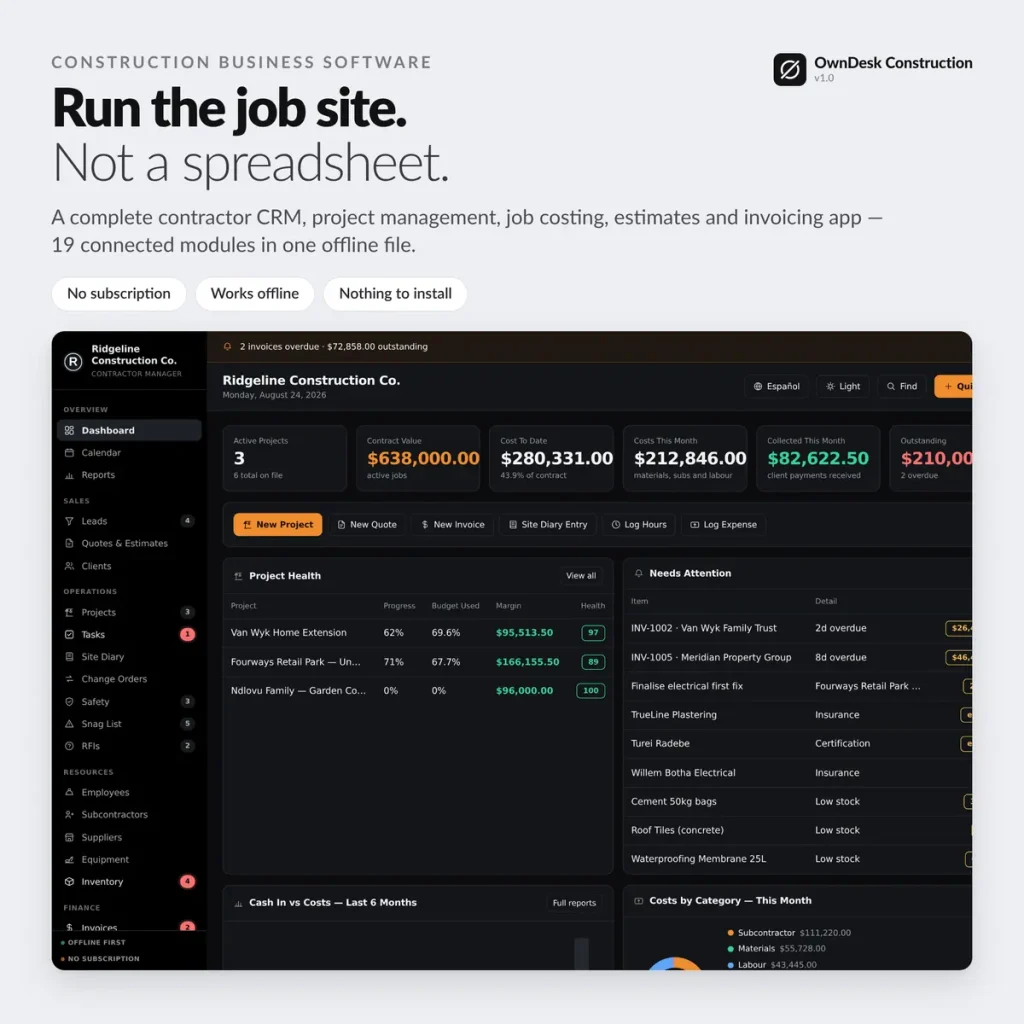OwnDesk Construction dashboard, showing active jobs and job costing