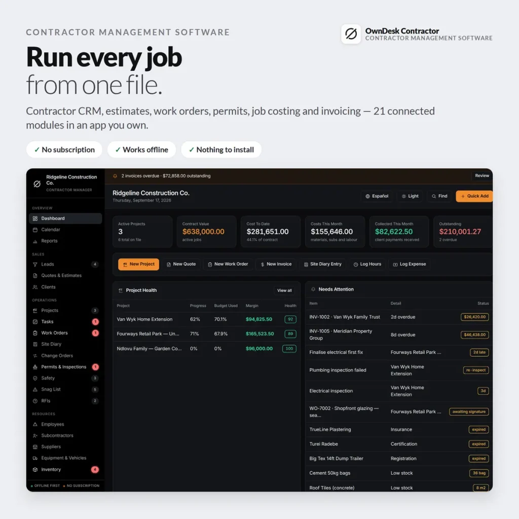 OwnDesk Contractor dashboard, showing active projects, contract value, project health and items needing attention