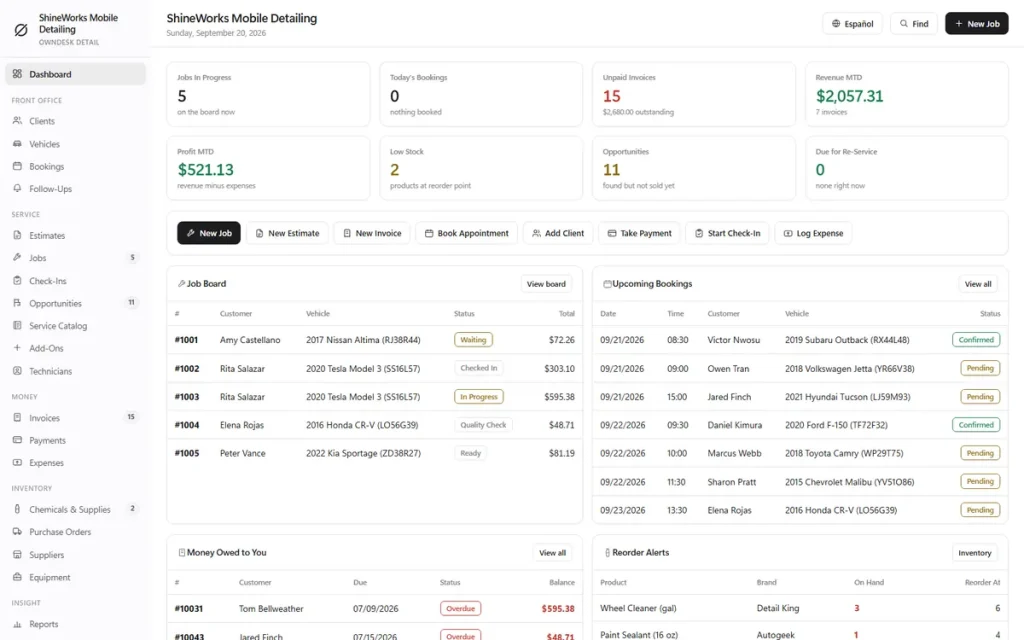 OwnDesk Detail auto detailing software dashboard, showing the job board, upcoming bookings and money owed