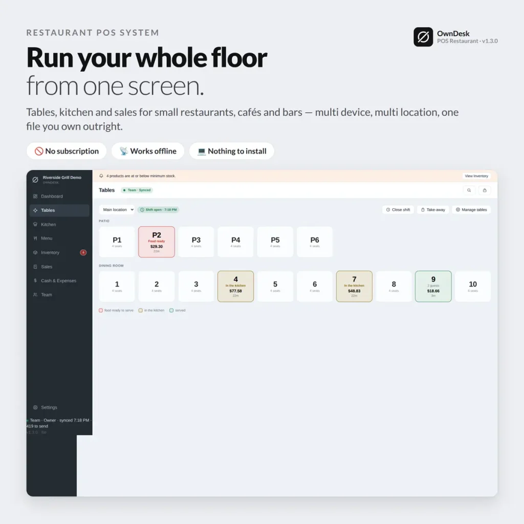 OwnDesk POS Restaurant &mdash; restaurant POS system floor plan showing table status across a service