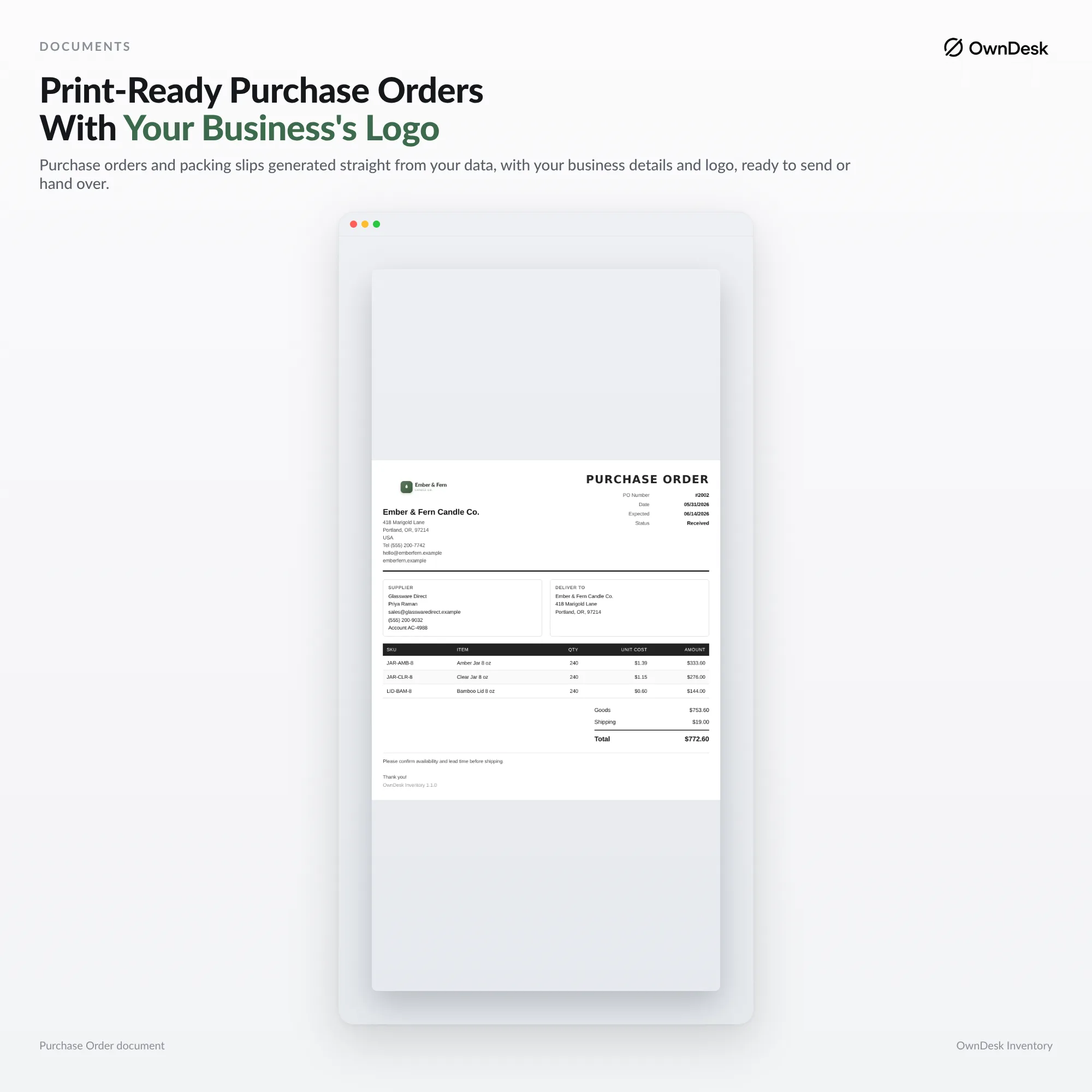 Purchase order tracking software printed purchase order document with company logo