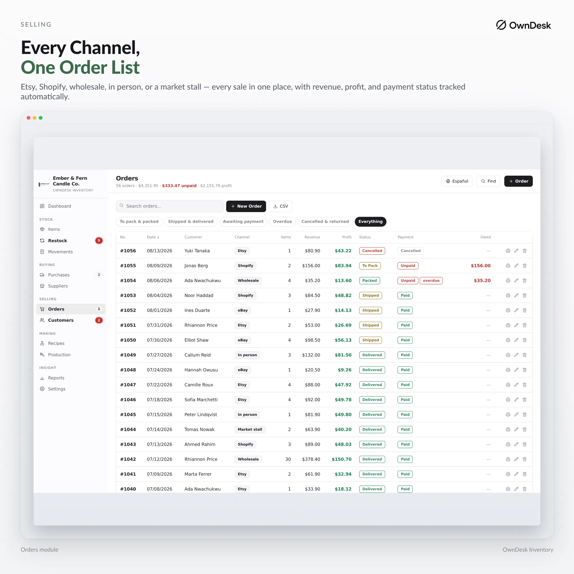 Order tracking software showing sales orders across Etsy, Shopify, eBay, wholesale and in-person channels